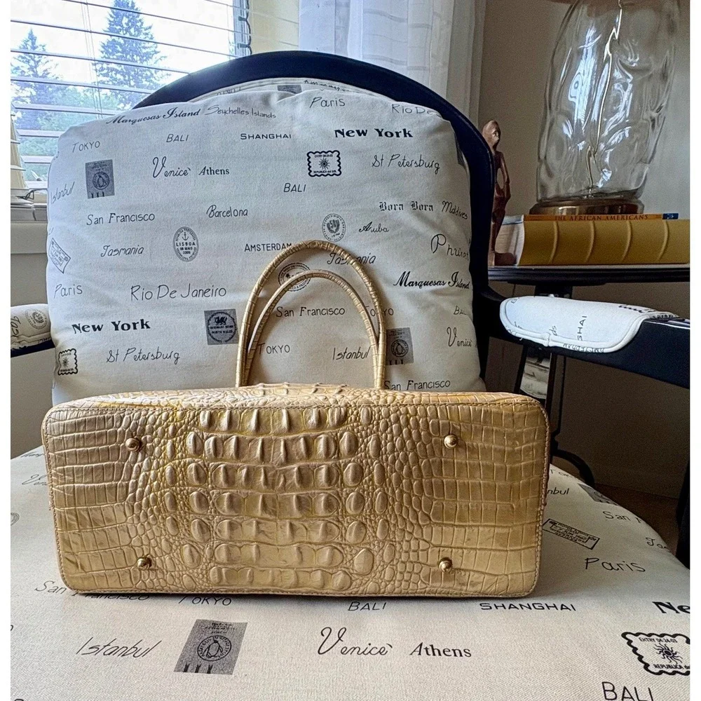 NWT Brahmin Sol Glossy Anytime Tote Gold Croc Embossed Leather Bag Neutral